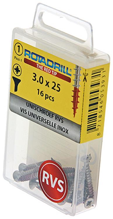 Rotadrill 1039850 - vis universelle vk pzd inox-a2 3.0x25mm (16) | 6 pièces