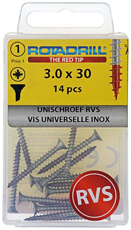 Rotadrill 1039851 - vis universelle vk pzd inox-a2 3.0x30mm (14) | 6 pièces