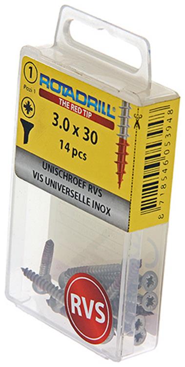 Rotadrill 1039851 - vis universelle vk pzd inox-a2 3.0x30mm (14) | 6 pièces
