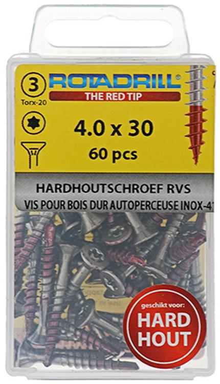 Rotadrill 1039898 - vis bois dur autotaraudeuse sppls.inox t20 4.0x30mm (60) | 6 pièces