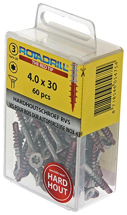 Rotadrill 1039898 - vis bois dur autotaraudeuse sppls.inox t20 4.0x30mm (60) | 6 pièces