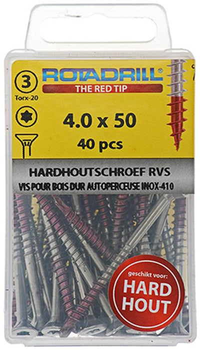 Rotadrill 1039900 - vis bois dur autotaraudeuse sppls.acier inoxydable t20 4.0x50mm (40) | 6 pièces