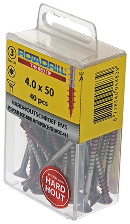 Rotadrill 1039900 - vis bois dur autotaraudeuse sppls.acier inoxydable t20 4.0x50mm (40) | 6 pièces