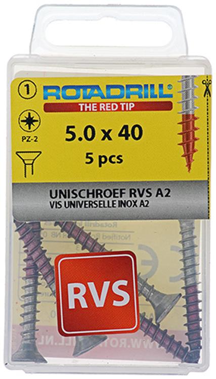 Rotadrill 1039860 - vis universelle vk pzd inox-a2 5.0x40mm (5) | 6 pièces