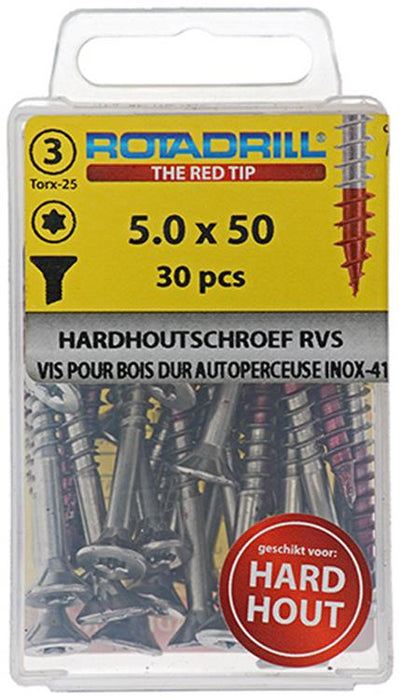 Rotadrill 1039904 - vis bois dur autotaraudeuse sppls.acier inoxydable t25 5.0x50mm (30) | 6 pièces