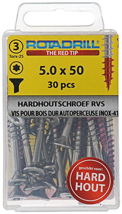 Rotadrill 1039904 - vis bois dur autotaraudeuse sppls.acier inoxydable t25 5.0x50mm (30) | 6 pièces
