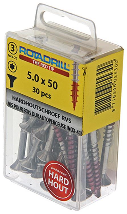 Rotadrill 1039904 - vis bois dur autotaraudeuse sppls.acier inoxydable t25 5.0x50mm (30) | 6 pièces