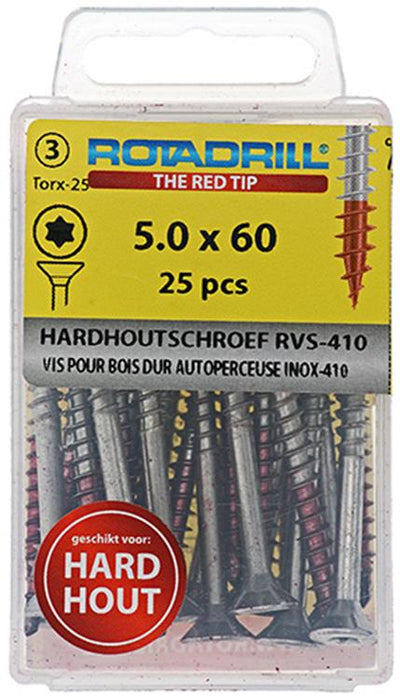 Rotadrill 1039905 - vis bois dur autotaraudeuse sppls.acier inoxydable t25 5.0x60mm (25) | 6 pièces