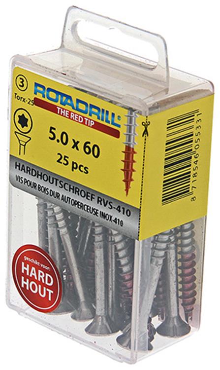 Rotadrill 1039905 - vis bois dur autotaraudeuse sppls.acier inoxydable t25 5.0x60mm (25) | 6 pièces