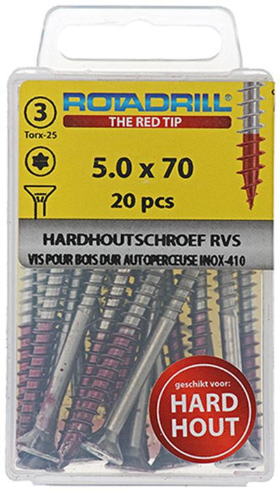 Rotadrill 1039906 - vis bois dur autotaraudeuse sppls.acier inoxydable t25 5.0x70mm (20) | 6 pièces