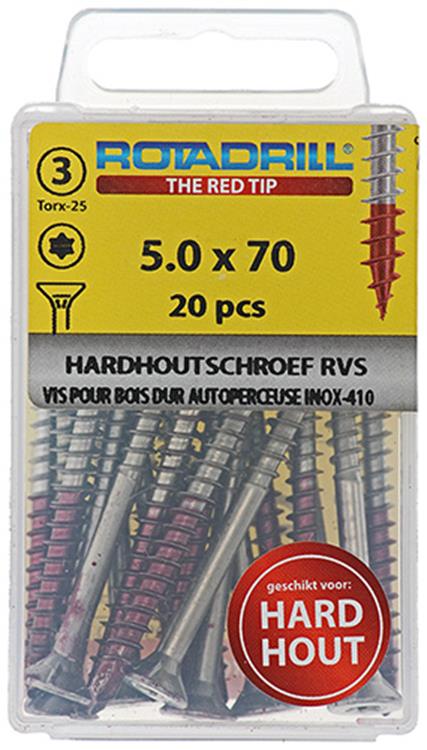 Rotadrill 1039906 - vis bois dur autotaraudeuse sppls.acier inoxydable t25 5.0x70mm (20) | 6 pièces