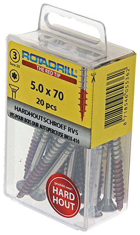 Rotadrill 1039906 - vis bois dur autotaraudeuse sppls.acier inoxydable t25 5.0x70mm (20) | 6 pièces
