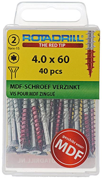 Rotadrill 1039914 - Vis MDF 75°-vk tx vz 4.0x60mm (40) | 6 pièces