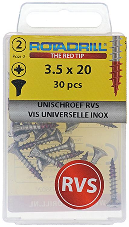 Rotadrill 1039870 - vis universelle lk pzd inox-a2 3,5x20mm (30) | 6 pièces