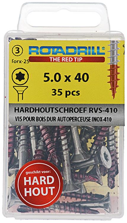 Rotadrill 1039903 - vis à bois dur autotaraudeuse sppls.acier inoxydable t25 5.0x40mm (35) | 6 pièces