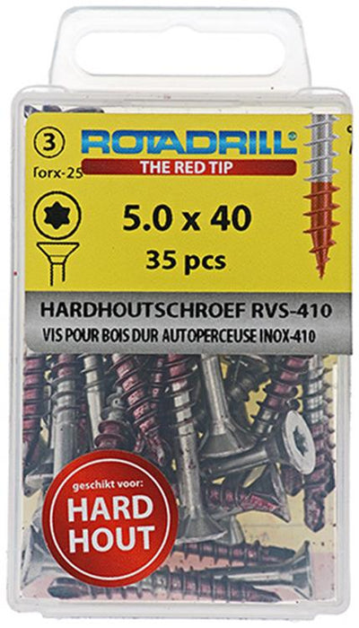 Rotadrill 1039903 - vis à bois dur autotaraudeuse sppls.acier inoxydable t25 5.0x40mm (35) | 6 pièces