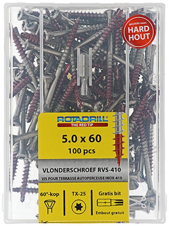 Rotadrill 1040041 - vis terrasse autotaraudeuse sppls.inox t25 5.0x60mm (100) | 4 pièces