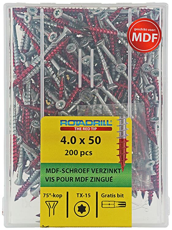 Rotadrill 1040010 - Vis MDF 75°-vk tx vz 4.0x50mm (200) | 4 pièces