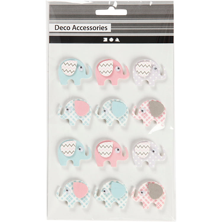 Creativ company Autocollants 3D, éléphants, h : 25 mm, l : 31 mm, épaisseur 7 mm, 12 pièces 1 boîte