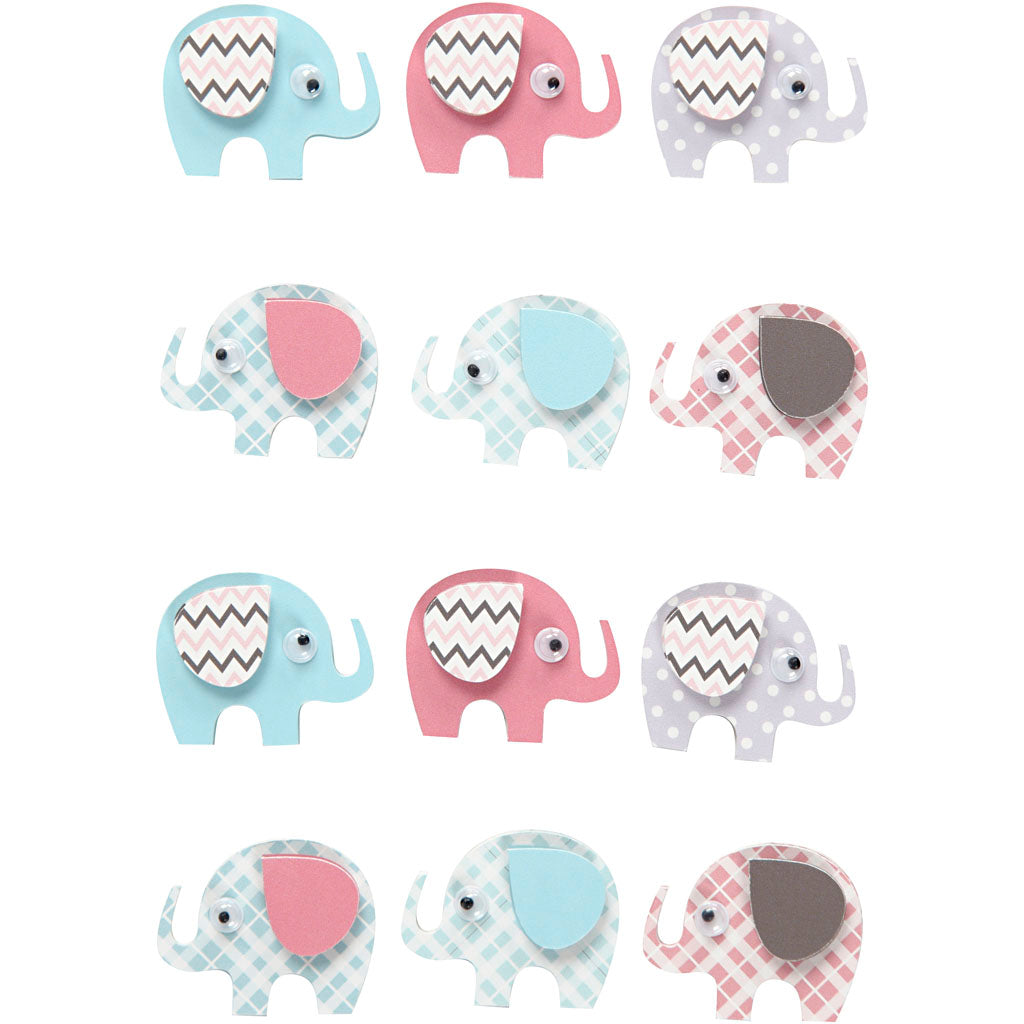 Creativ company Autocollants 3D, éléphants, h : 25 mm, l : 31 mm, épaisseur 7 mm, 12 pièces 1 boîte