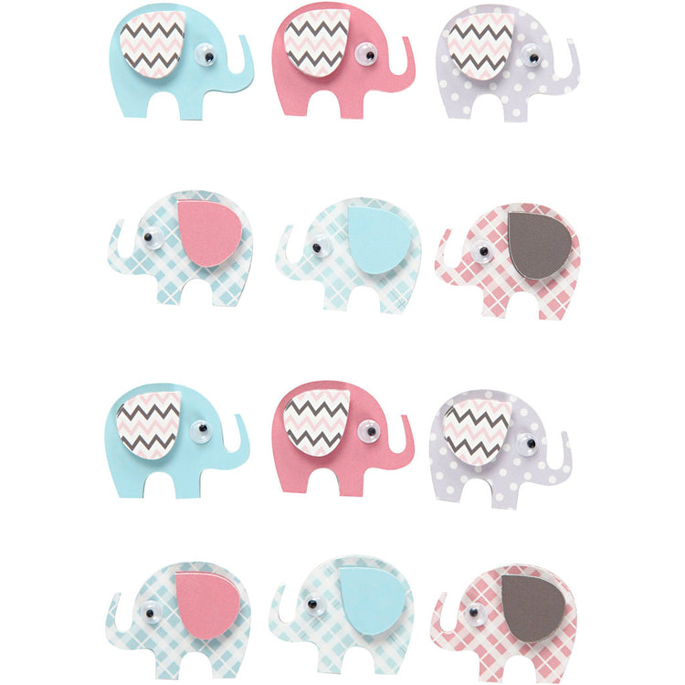 Creativ company Autocollants 3D, éléphants, h : 25 mm, l : 31 mm, épaisseur 7 mm, 12 pièces 1 boîte