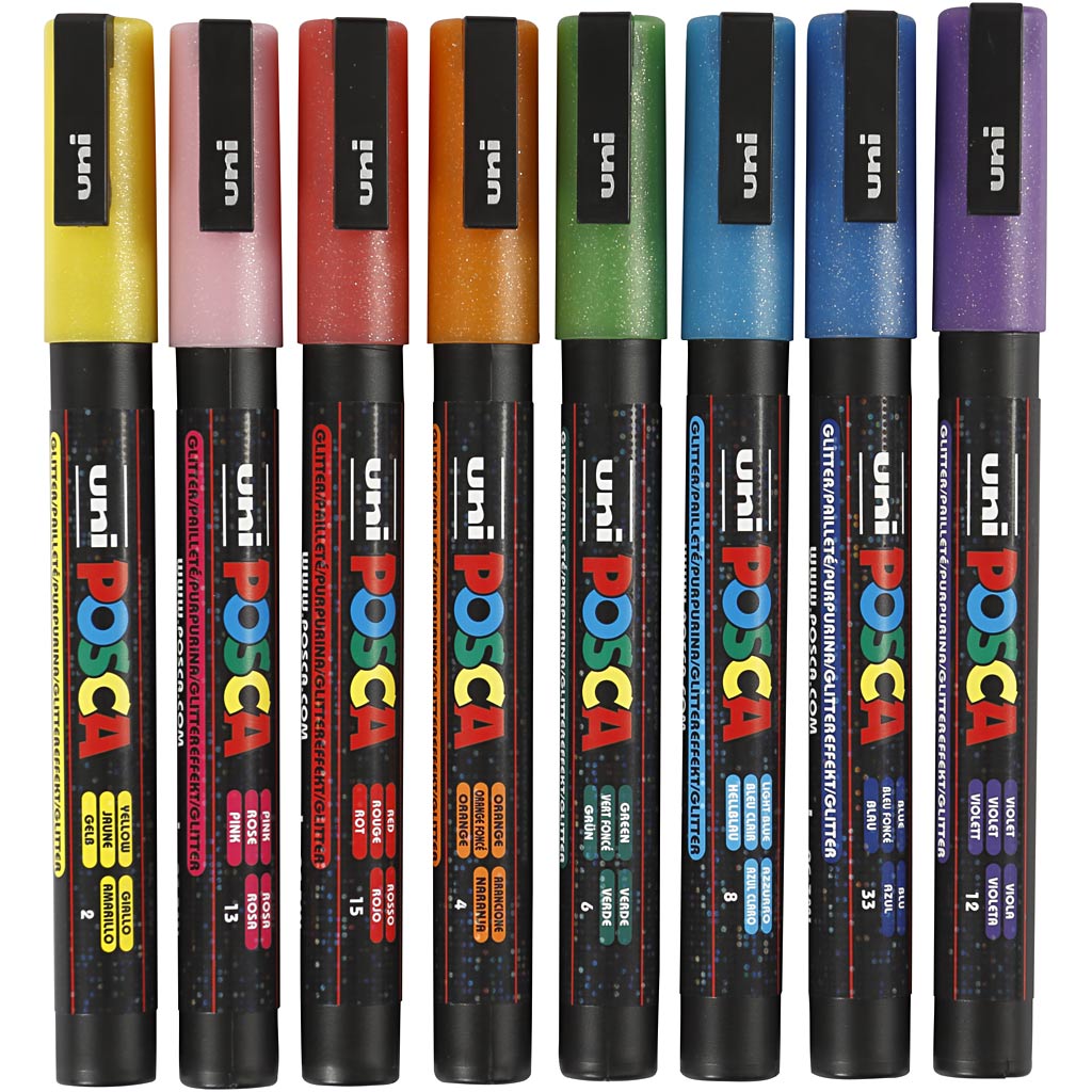 Uni-Posca Posca Marker, AFM PC-3ML, lijndikte 0,9-1,3 mm, glitterkleuren, 8 stuk 1 doos