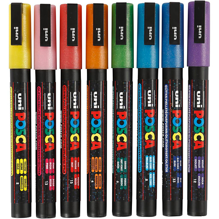 Uni-Posca Posca Marker, AFM PC-3ML, lijndikte 0,9-1,3 mm, glitterkleuren, 8 stuk 1 doos