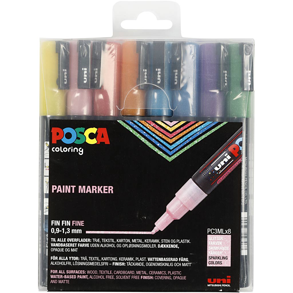 Uni-Posca Posca Marker, AFM PC-3ML, lijndikte 0,9-1,3 mm, glitterkleuren, 8 stuk 1 doos