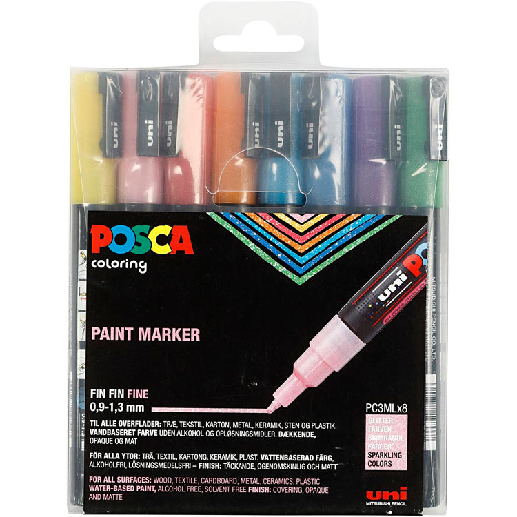 Uni-Posca Posca Marker, AFM PC-3ML, lijndikte 0,9-1,3 mm, glitterkleuren, 8 stuk 1 doos
