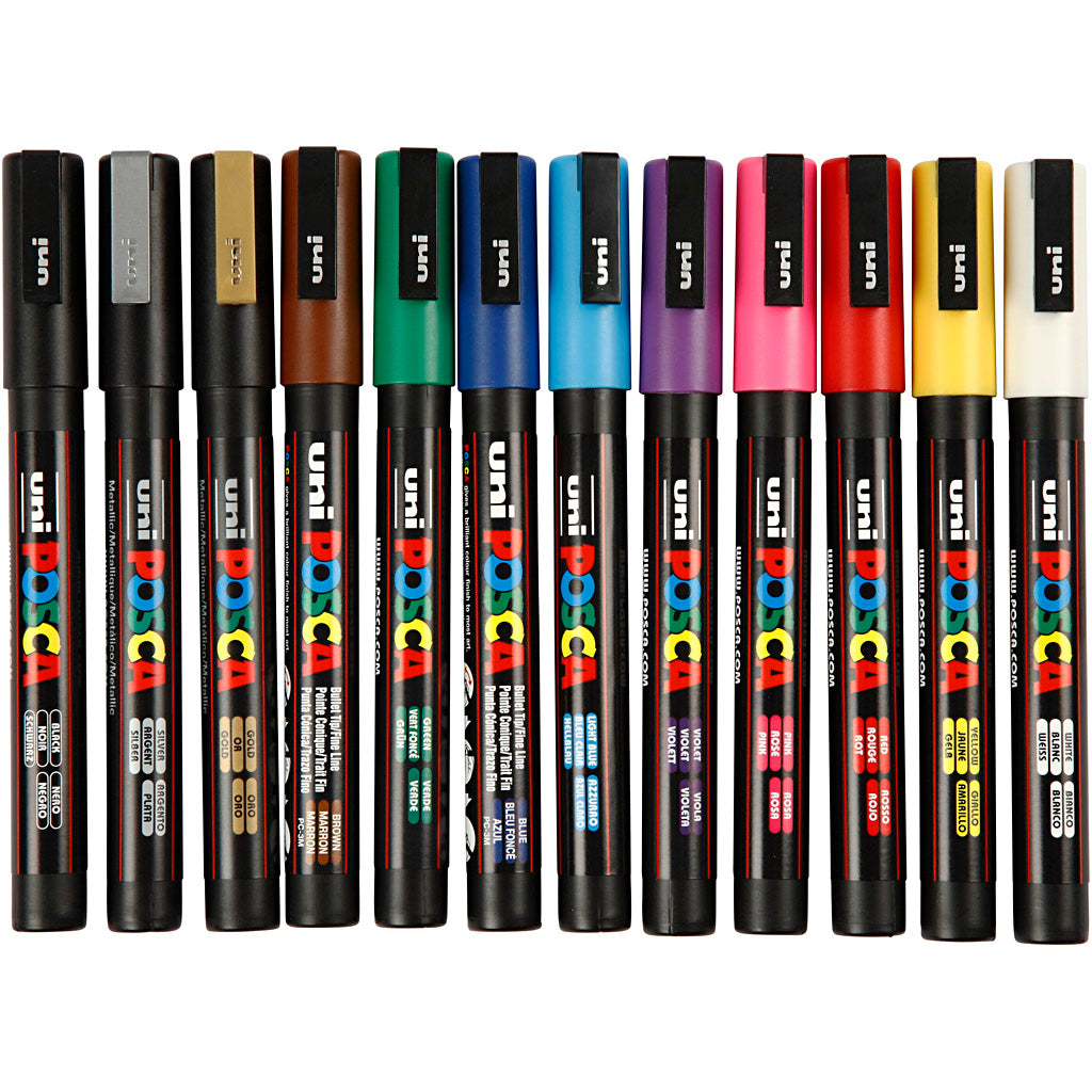 Marqueur Uni-posca posca, taille pc-3m, largeur de trait 0,9-1,3 mm, fin, différentes couleurs, 12 pièces 1 boîte