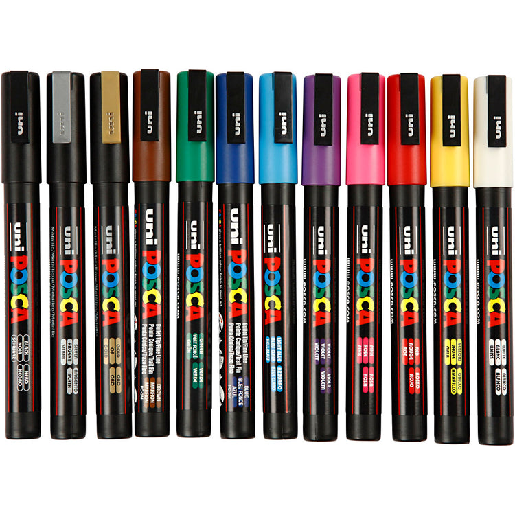 Marqueur Uni-posca posca, taille pc-3m, largeur de trait 0,9-1,3 mm, fin, différentes couleurs, 12 pièces 1 boîte
