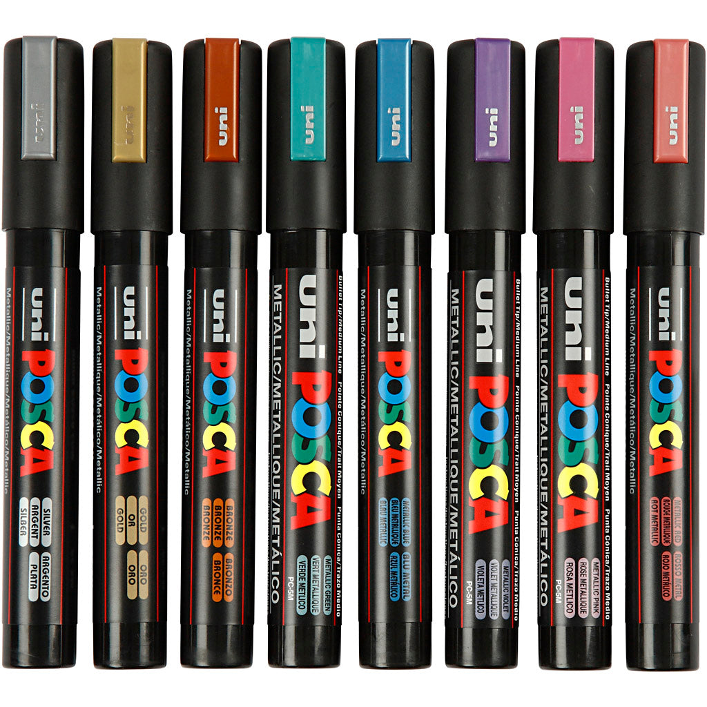 Marqueur Posca Uni-Posca, AFM PC-5M, épaisseur de ligne 2,5 mm, moyens, couleurs métalliques, 8 pièces 1 boîte
