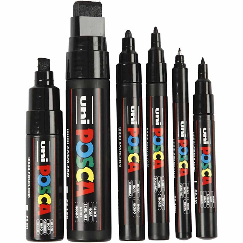 Marqueur Uni-posca posca, largeur de trait 0,7-15 mm, noir, 6 pièces 1 boîte