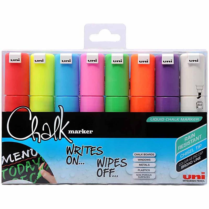 Marqueur de craie Uni-Posca, épaisseur de ligne 8 mm, différentes couleurs, 8 pièces 1 boîte
