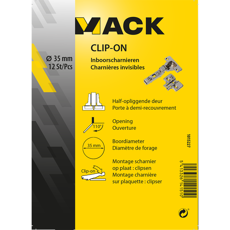 Mack 1015227 - 12 charnières percées à clipser sur porte semi-superposée 35mm 110° | 5 pièces