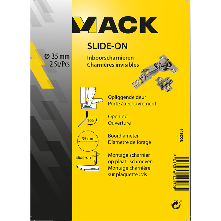 Mack 1015228 - 2 charnières percées coulissantes sur porte en saillie 35mm 165° | 10 pièces