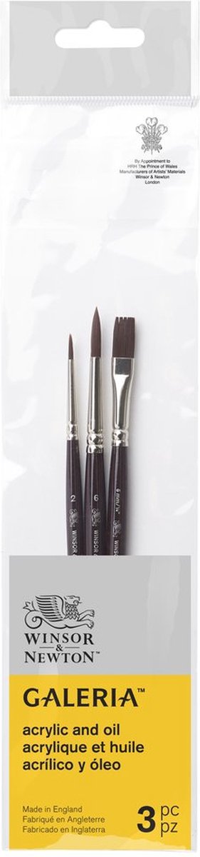 Winsor Newton 5790608 Galeria Lot de 3 pinceaux synthétiques pour peinture acrylique (manche court – rond 2, rond 6, un trait 6 mm)
