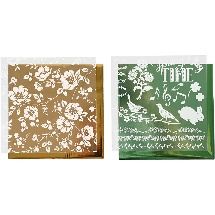 Creativ company Film déco et feuille de transfert, fleurs, feuille 15x15 cm, or, vert, 2x2 feuilles 1 boîte