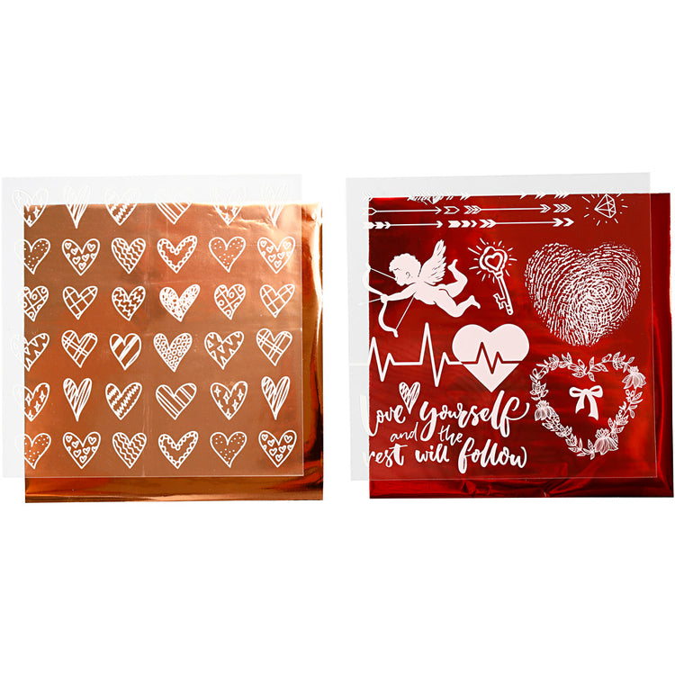 Creativ company Film déco et feuille de transfert, coeurs et amour, feuille 15x15 cm, rouge, 2x2 feuilles 1 boîte