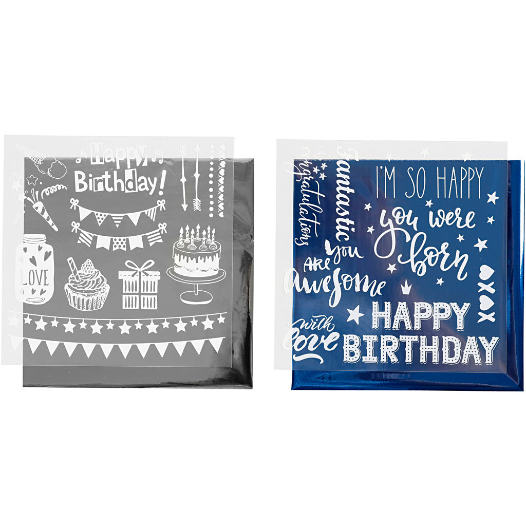 Creativ company Film déco et feuille de transfert, anniversaire, feuille 15x15 cm, bleu foncé, argent, 2x2 feuilles 1 boîte