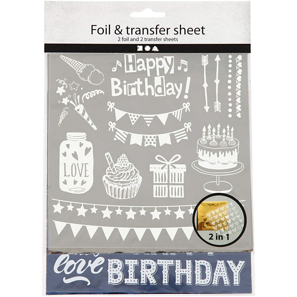 Creativ company Film déco et feuille de transfert, anniversaire, feuille 15x15 cm, bleu foncé, argent, 2x2 feuilles 1 boîte