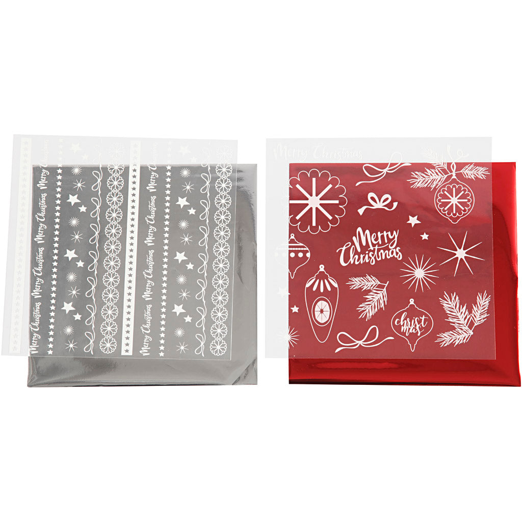 Creativ company Film déco et feuille de transfert, Noël magique, feuille 15x15 cm, rouge, argent, 2x2 feuilles 1 boîte