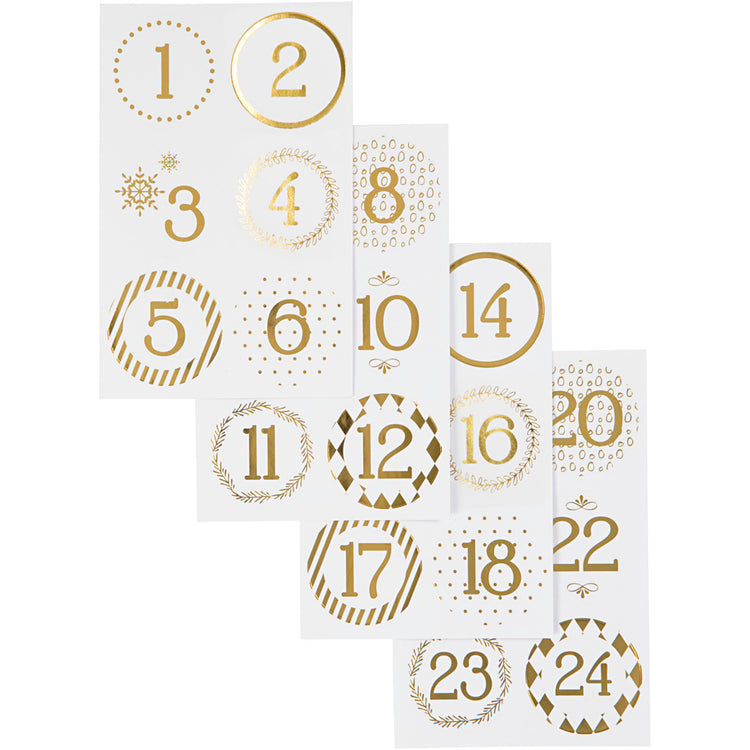 Vivi gade autocollants numéro calendrier de Noël, d 40 mm, feuille 9x14 cm, or, blanc, 4 feuilles 1 boîte