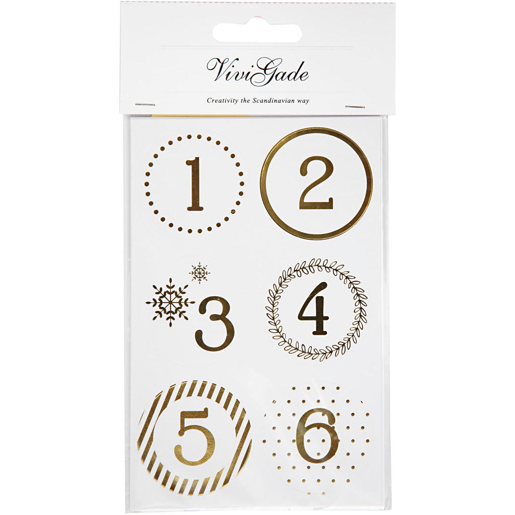 Vivi gade autocollants numéro calendrier de Noël, d 40 mm, feuille 9x14 cm, or, blanc, 4 feuilles 1 boîte