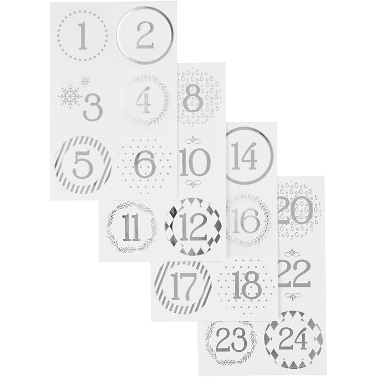 Vivi gade autocollants numéro calendrier de Noël, d 40 mm, feuille 9x14 cm, argent, blanc, 4 feuilles 1 boîte