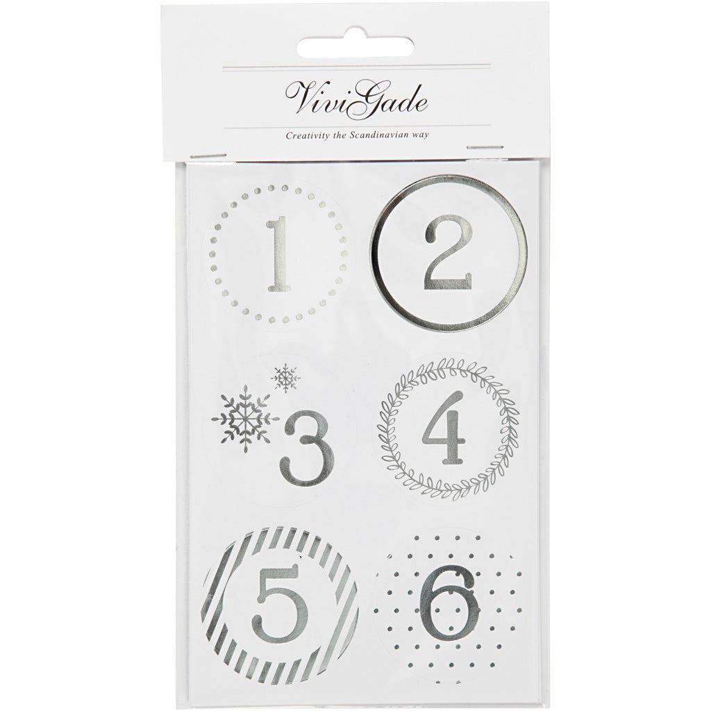 Vivi gade autocollants numéro calendrier de Noël, d 40 mm, feuille 9x14 cm, argent, blanc, 4 feuilles 1 boîte