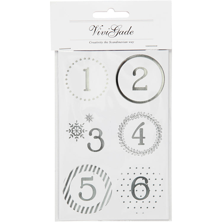 Vivi gade autocollants numéro calendrier de Noël, d 40 mm, feuille 9x14 cm, argent, blanc, 4 feuilles 1 boîte