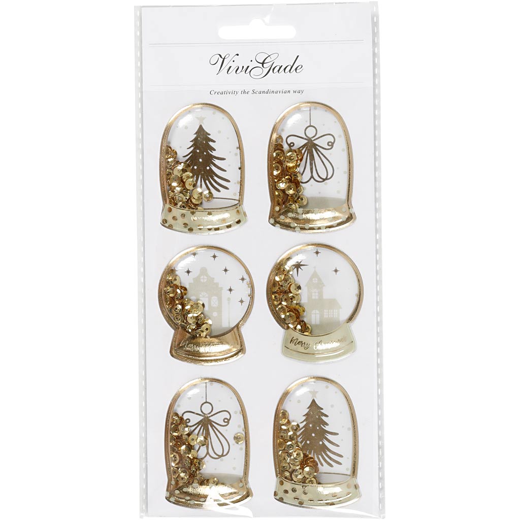 Stickers shaker Vivi Gade, ange, arbre et maisons, dimensions 49x32+45x36 mm, doré, 6 pièces 1 boîte