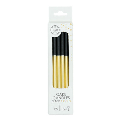 Bougies à gâteau Globos 9,5 cm avec supports or noir - 12 pcs.