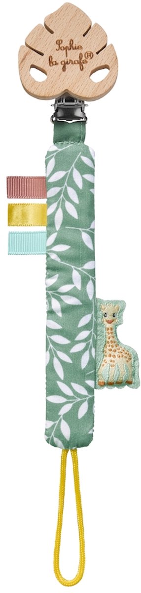 Attache-tétine Sophie la girafe jungle - attache-sucette en tissu doux avec attache - rubans et étiquette en forme - stimule le sens du toucher - convient dès 0 mois